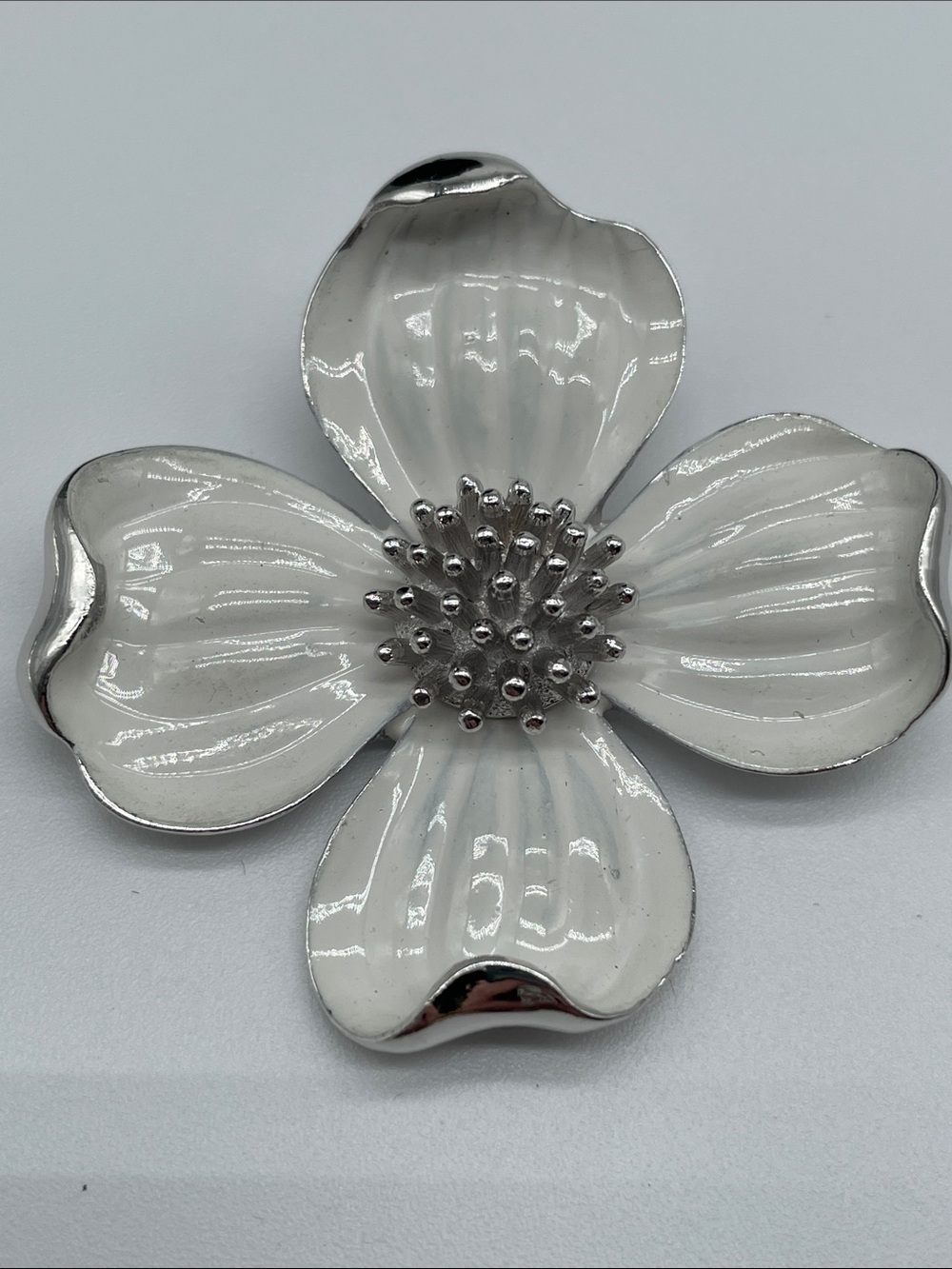 Crown Trifari Classic White Enamel Flower Brooch with Silver Accents